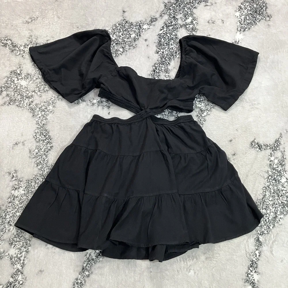 Free People Black Cutout Puff Sleeve Tiered Mini Dress Women's Size Large